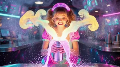 Blonde waitress in a Cosmic Diner waitress gig gets a lot of funny vid action