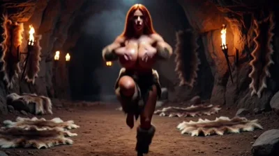 Sexy redhead MILF gets her tits and boobs fluffed while dancing to music in tribal Amazon Kingdom Dance