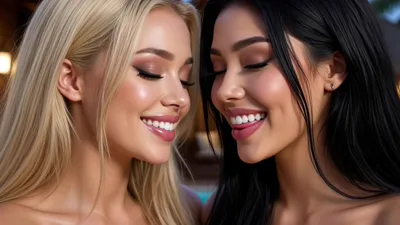FantasyZone's E67 animation: Blonde, brunette, and blonde babes get wild with tongues and tits in the pool
