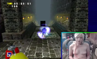 Nerdygirl's blonde hair blowing in the wind as she plays Naked Sonic Adventure Pt. 3