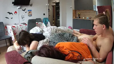 Emmie and Aquaria get kinky in a voyeuristic living room couch sex tape