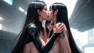 Brunette and blonde FantasyZone lesbians kiss in a hot and steamy fantasy video