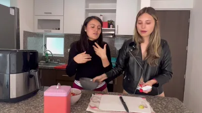 ScarlettandChanel prepare creamy strawberries for lesbian kissing and cooking fun
