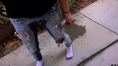 JamiestoneXXX gets wet and wild with peeing in her jeans outside my house