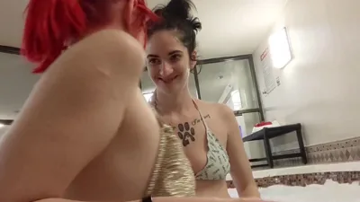 Nerdgibbler caught in the act by a hot tub lesbian in a steamy lesbian encounter