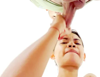 CFGIRLS humiliates slave and gives him a deepthroat BJ from below