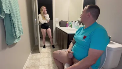 Petite blonde Justanicecock caught in bathroom and giving a blowjob