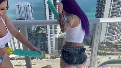 Val Steele dominates Ashley in a kinky solo session on the balcony